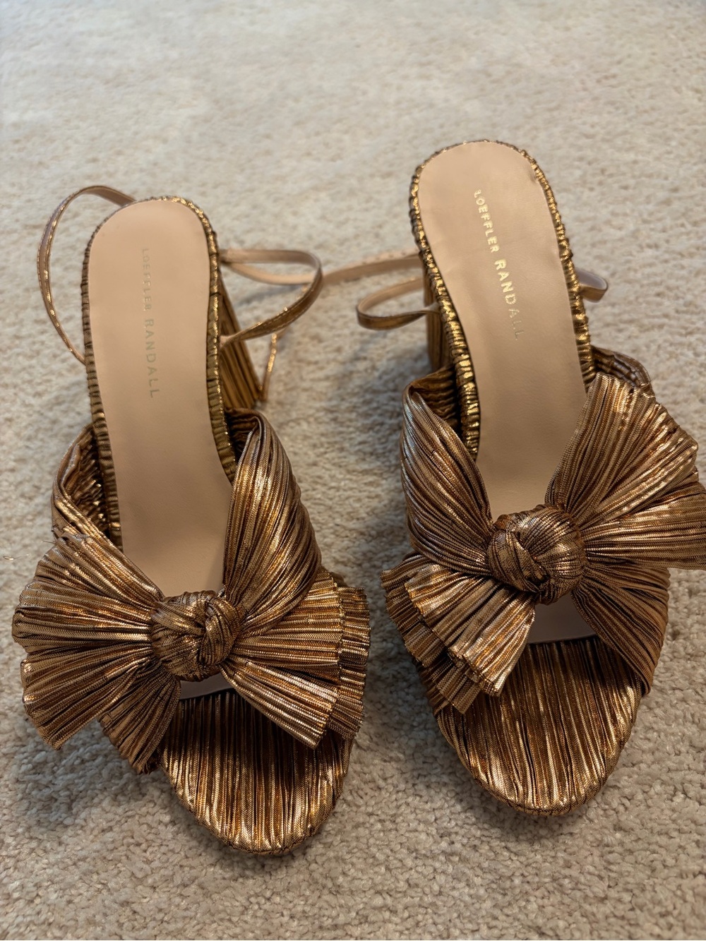 Loeffler Randall Camellia Gold Pleated Bow Heels Sandals Size Sz 10